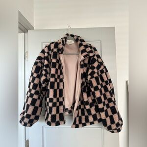 Fleece Checkered Print Zip Up jacket